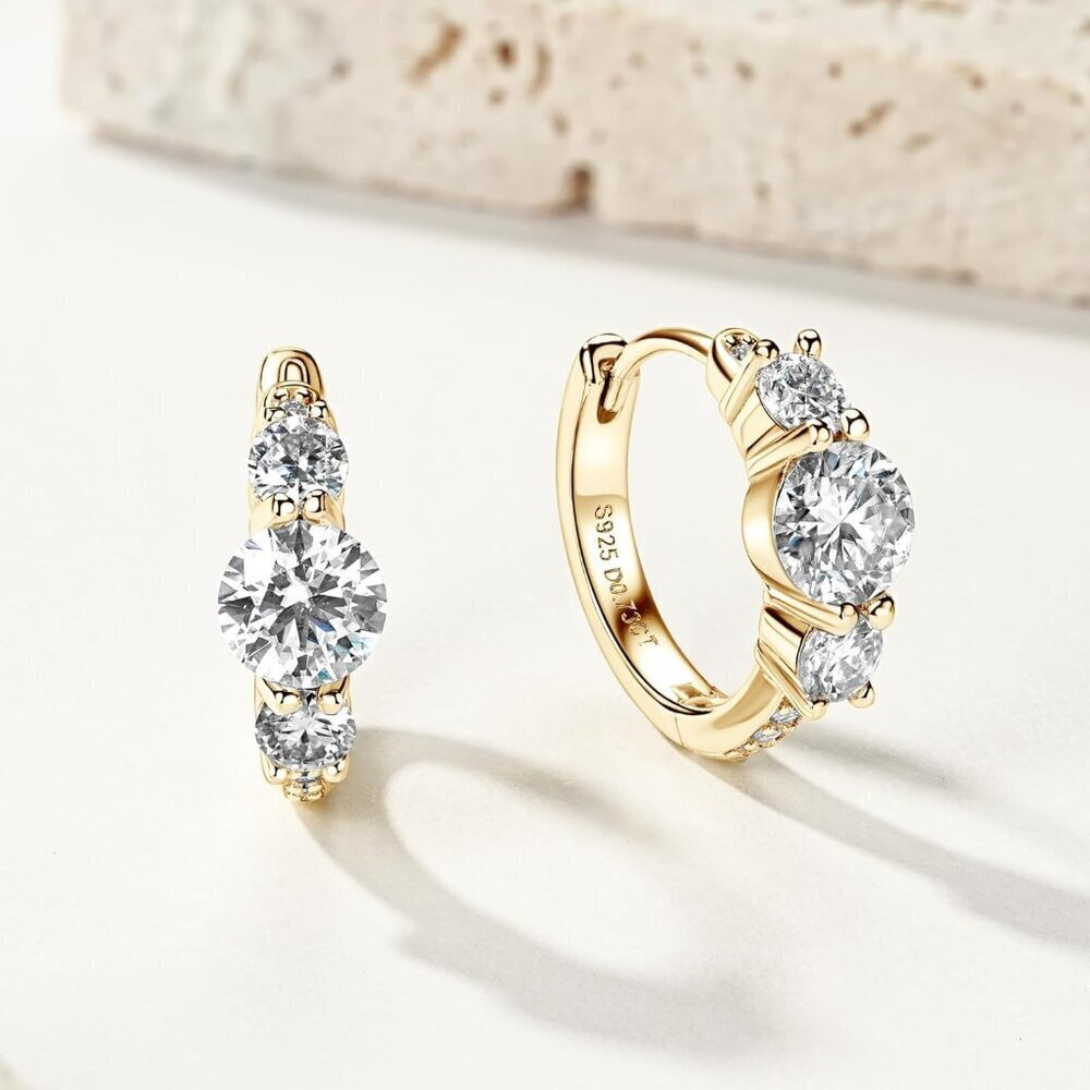 Sterling Silver 3 Stone Moissanite Hoop Earrings Hypoallergenic Jewelry Gifts - Picture 3 of 6